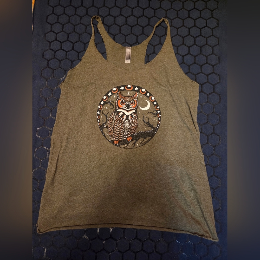 Salmonberry Studio Olive Tank Top with Owl Design